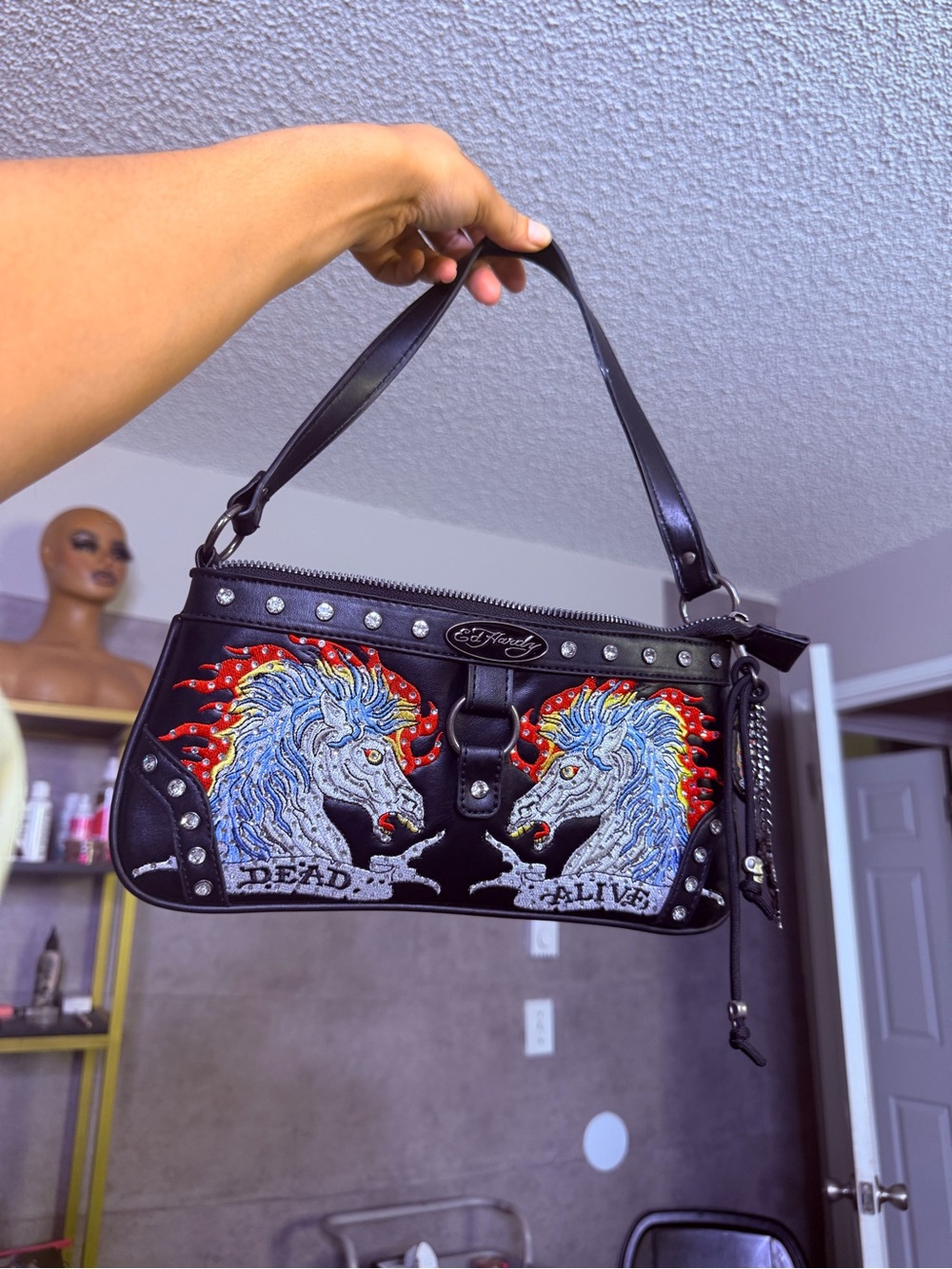 Ed Hardy Black Shoulder Bag with Red & Blue Embroidered Horses